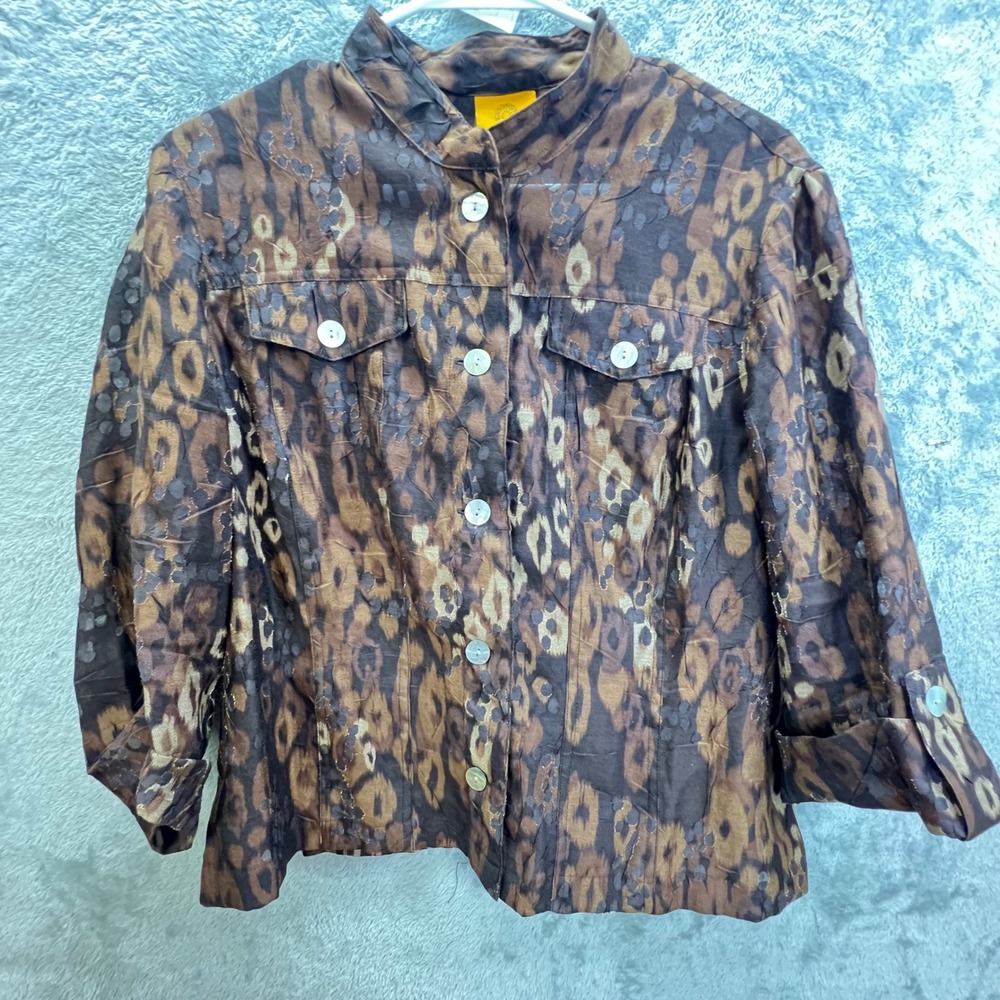 Ruby Rd Womens 14 Brown Ikat Animal Print Button Down Jacket Bohemian‎ Layering